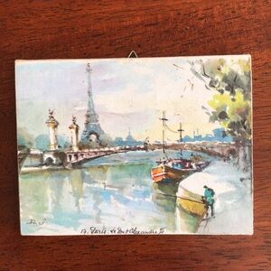Vintage French Landscape Painting Canvas Artwork Eiffel Tower + Wooden Easel